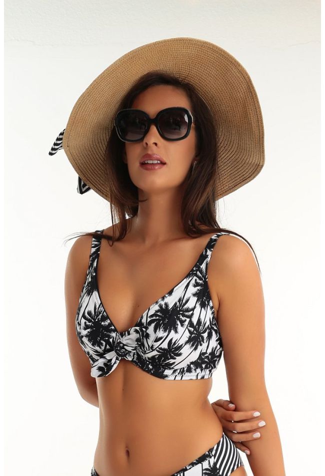 WOMAN BIKINI TOP UNPADDED WIRED WITH CRISSCROSS STRAPS AND TROPICAL PATTERN