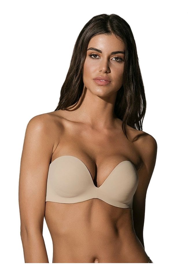 SECRET SENSE STRAPLESS CUP B WOMAN T-SHIRT PLUNGE BRA INVISIBLE BREATHABLE WITH REMOVABLE PADS AND SILICONATED BACK