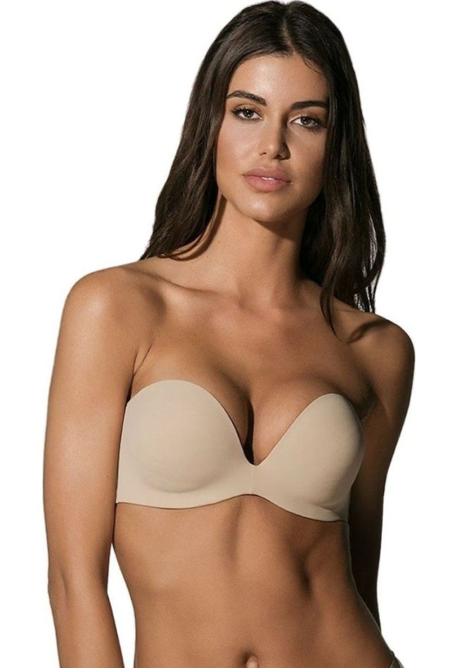 SECRET SENSE STRAPLESS CUP C WOMAN T-SHIRT PLUNGE BRA INVISIBLE BREATHABLE WITH REMOVABLE PADS AND SILICONATED BACK