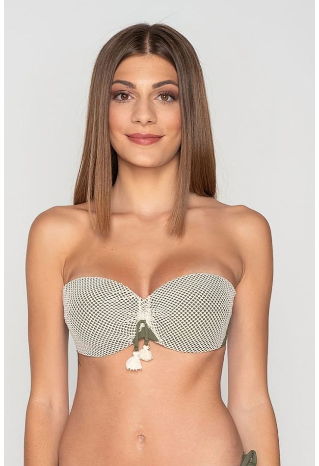 ARIEL WOMAN BIKINI TOP STRAPLESS WITH MOLDED CUPS REMOVABLE STRAPS SHINY FISHNET