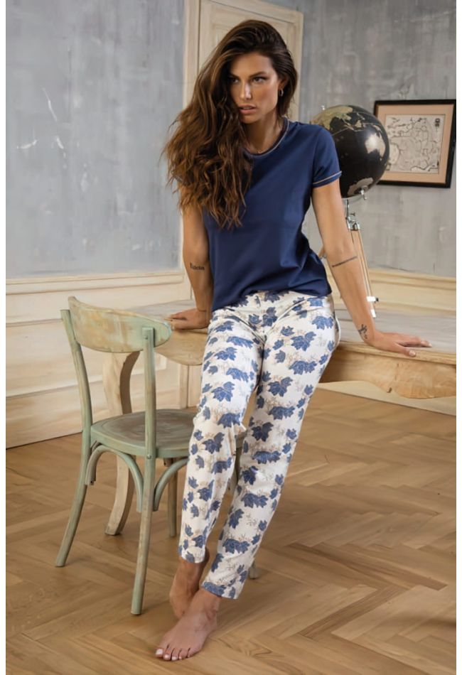 WOMAN LONG COTTON PYJAMAS WITH FLORAL PATTERN SHORT SLEEVES AND ROUND NECK