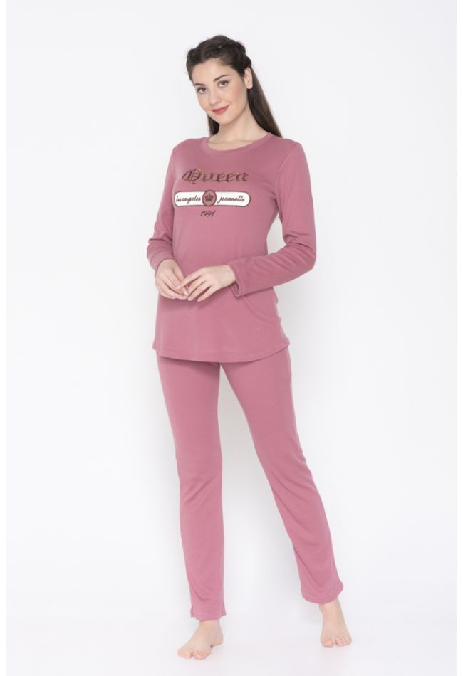 WOMAN LONG COTTON PYJAMAS WITH QUEEN EMBROIDER OPEN LEGS