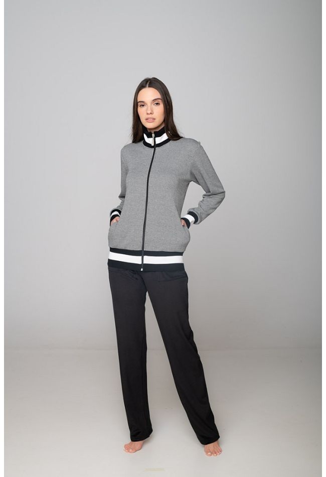 WOMAN COTTON VELOUR TRACKSUIT STRIPES AND FISHBONES PATTERN ZIP UP POCKETS AND OPEN LEG