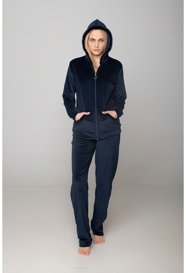 WOMAN VELOUR TRACKSUIT WITH FAUX FUR AROUND HOODY ZIP UP POCKETS AND OPEN LEG