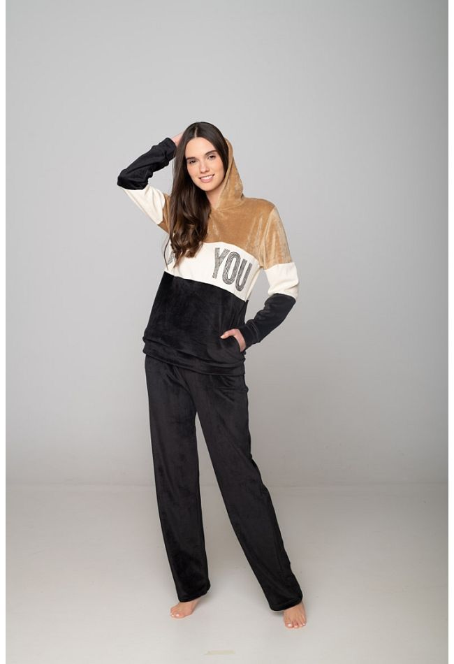 WOMAN VELOUR TRACKSUIT WITH STRIPES PATTERN AND I LOVE YOU PRINT HOODY POCKETS AND OPEN LEG