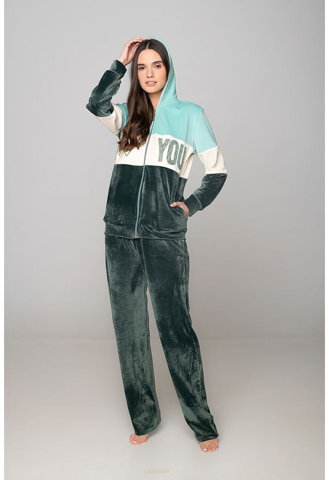 WOMAN VELOUR TRACKSUIT WITH STRIPES PATTERN AND I LOVE YOU PRINT ZIP UP HOODY POCKETS AND OPEN LEG