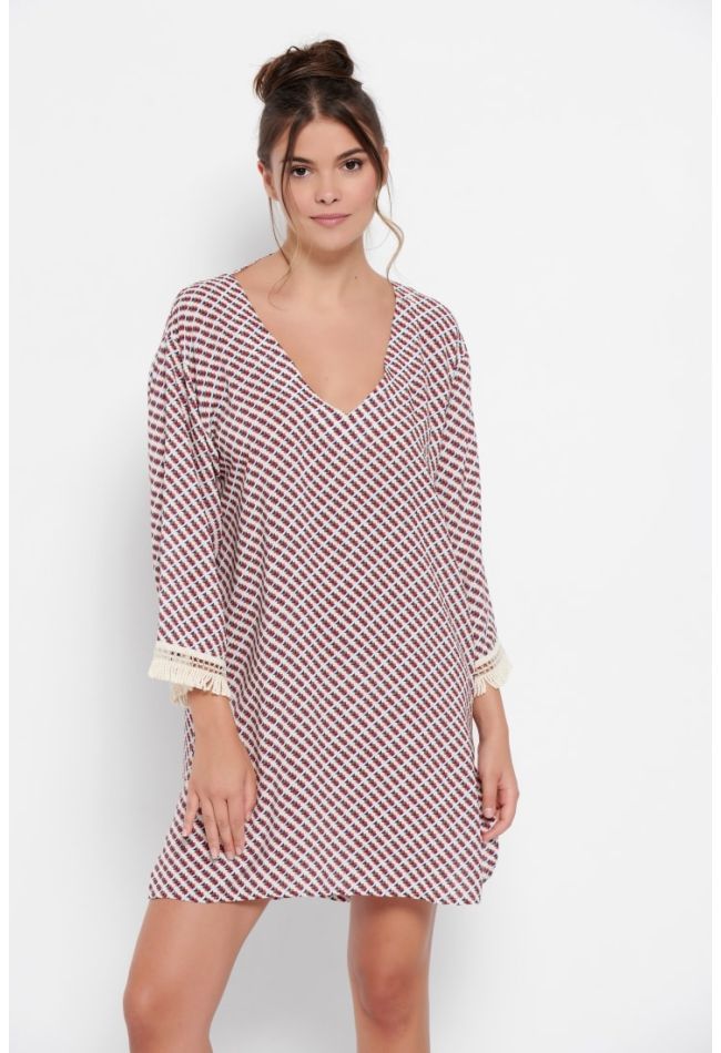WOMAN MIDI RAYON DRESS PRINTED WITH FRINGE FINISHING AT SLEEVES ON A-LINE ULTRA SOFT