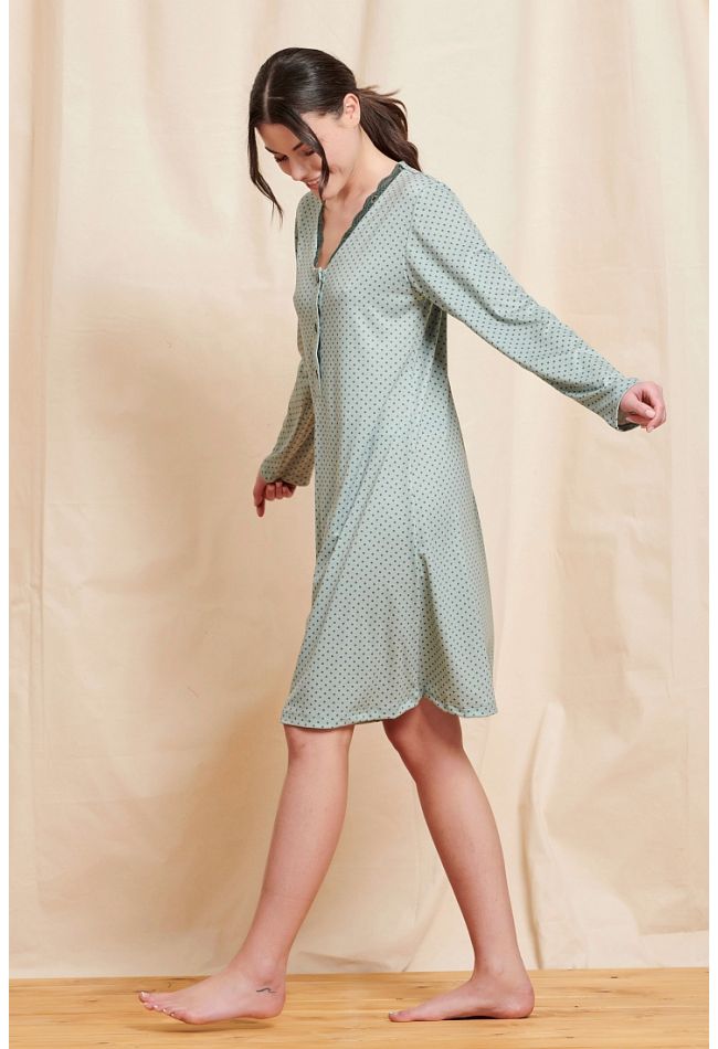 WOMAN MIDI VISCOSE NIGHTDRESS DOTS PATTERN WITH LACE TRIMMING DEEP SERAPH BLOUSE OPENING IDEAL FOR BREASTFEEDING